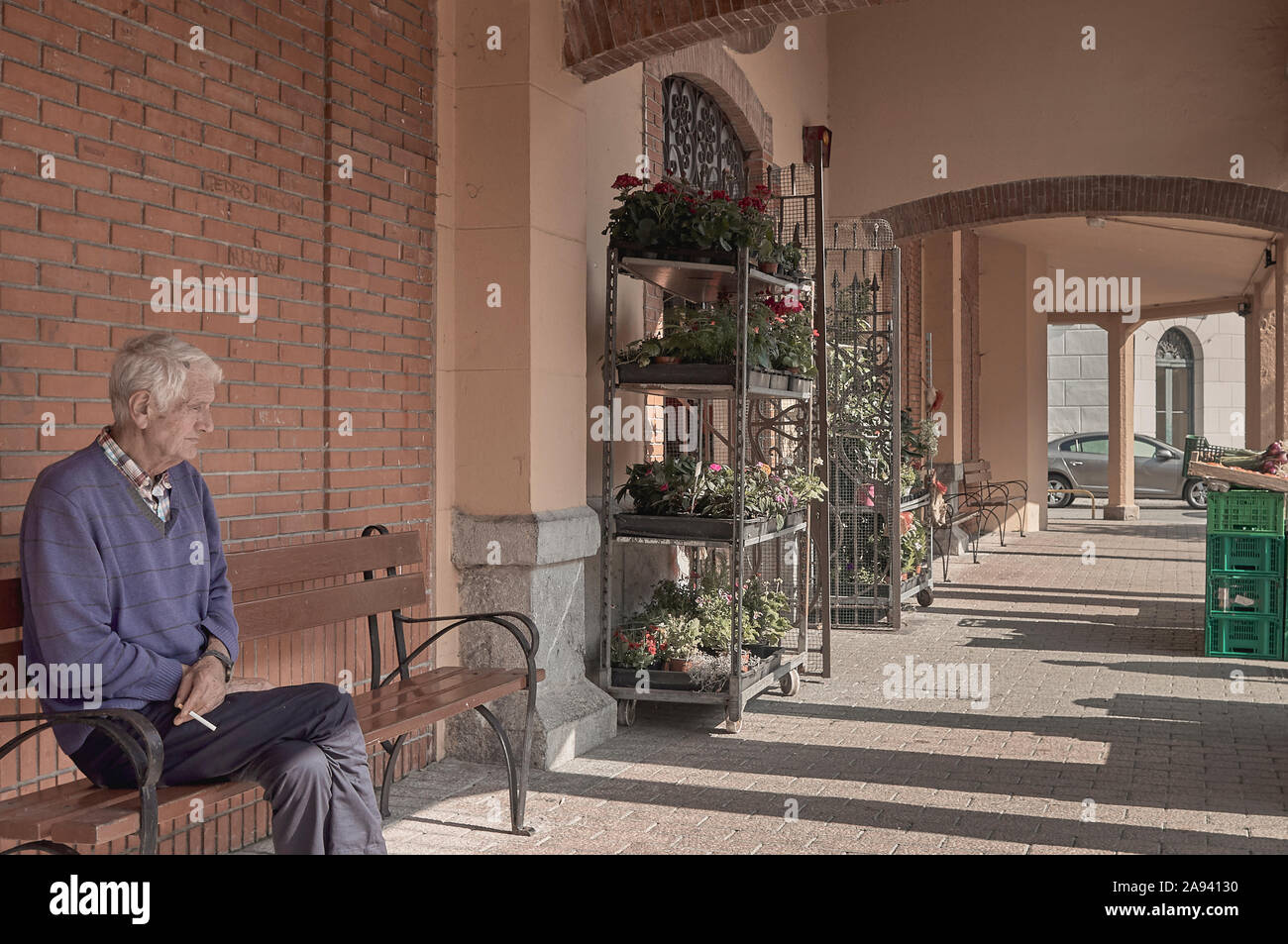Old man with a cigarette off in his hand thoughtfully sitting on a bench in the porch of a market with a shelf full of flower trays, Laredo, Cantabria Stock Photo