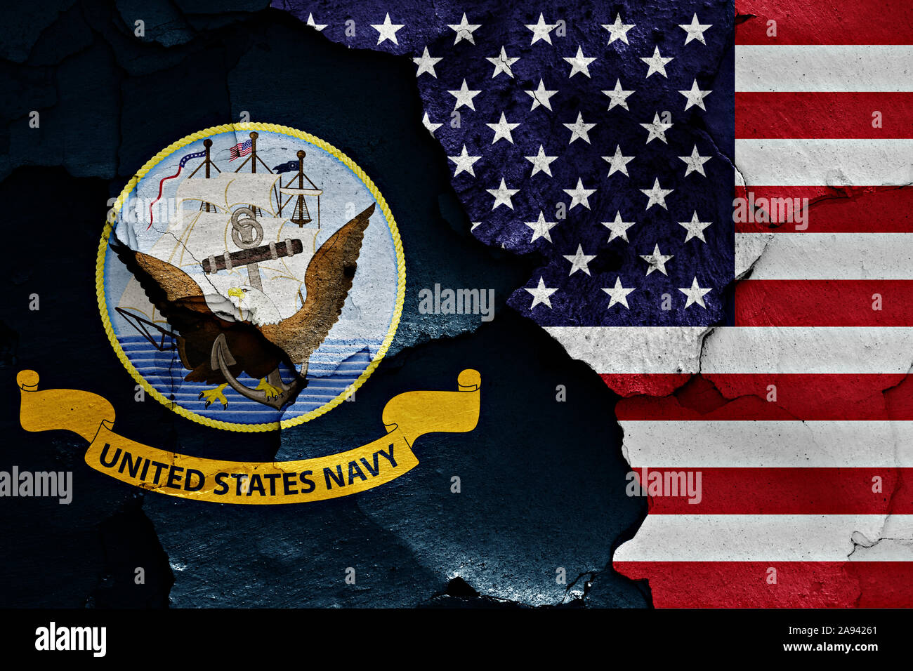 flags of United States Navy and USA painted on cracked wall Stock Photo