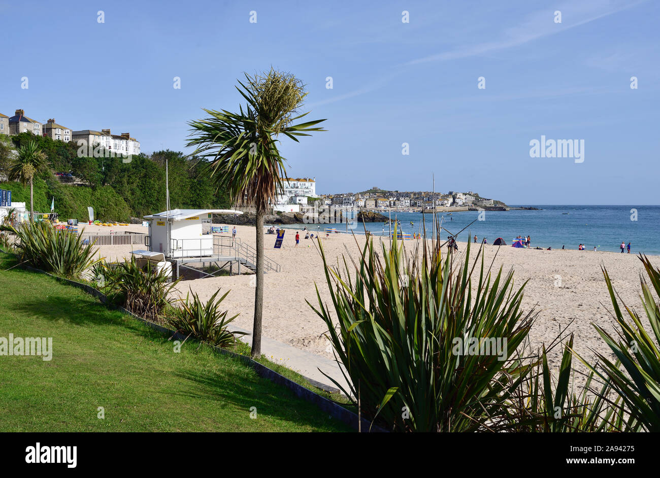 Porthminster Beach, St Ives, early morning with few people about. The vegetation suggests somewhere more tropical. Stock Photo