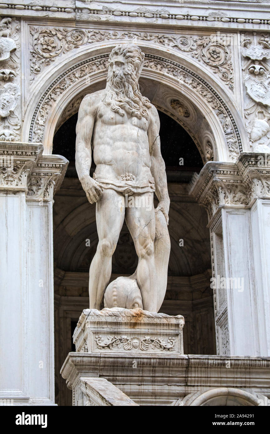 Venice, Italy July 18th 2019 A statue of Neptune the Roman God of