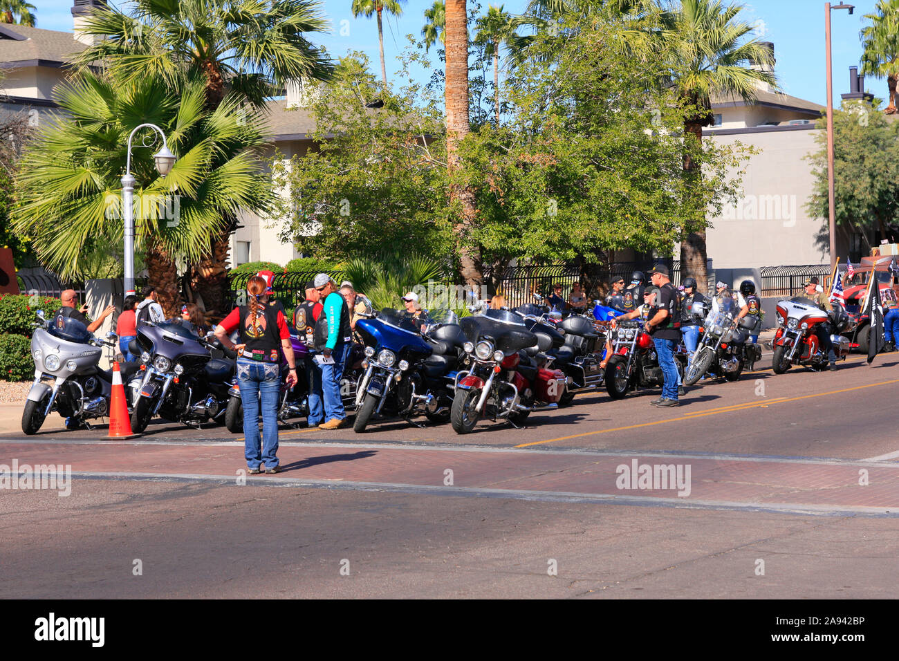 Biker group ready to ride on a weekend tour through Arizona where the sun shines over 300 days per year Stock Photo