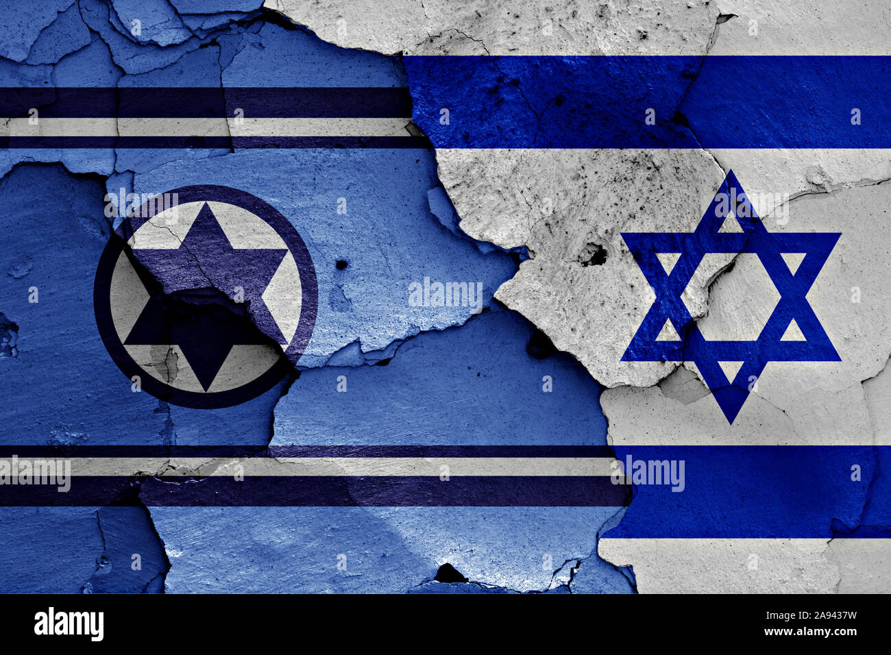 flags of Israel Air Force and Israel painted on cracked wall Stock Photo