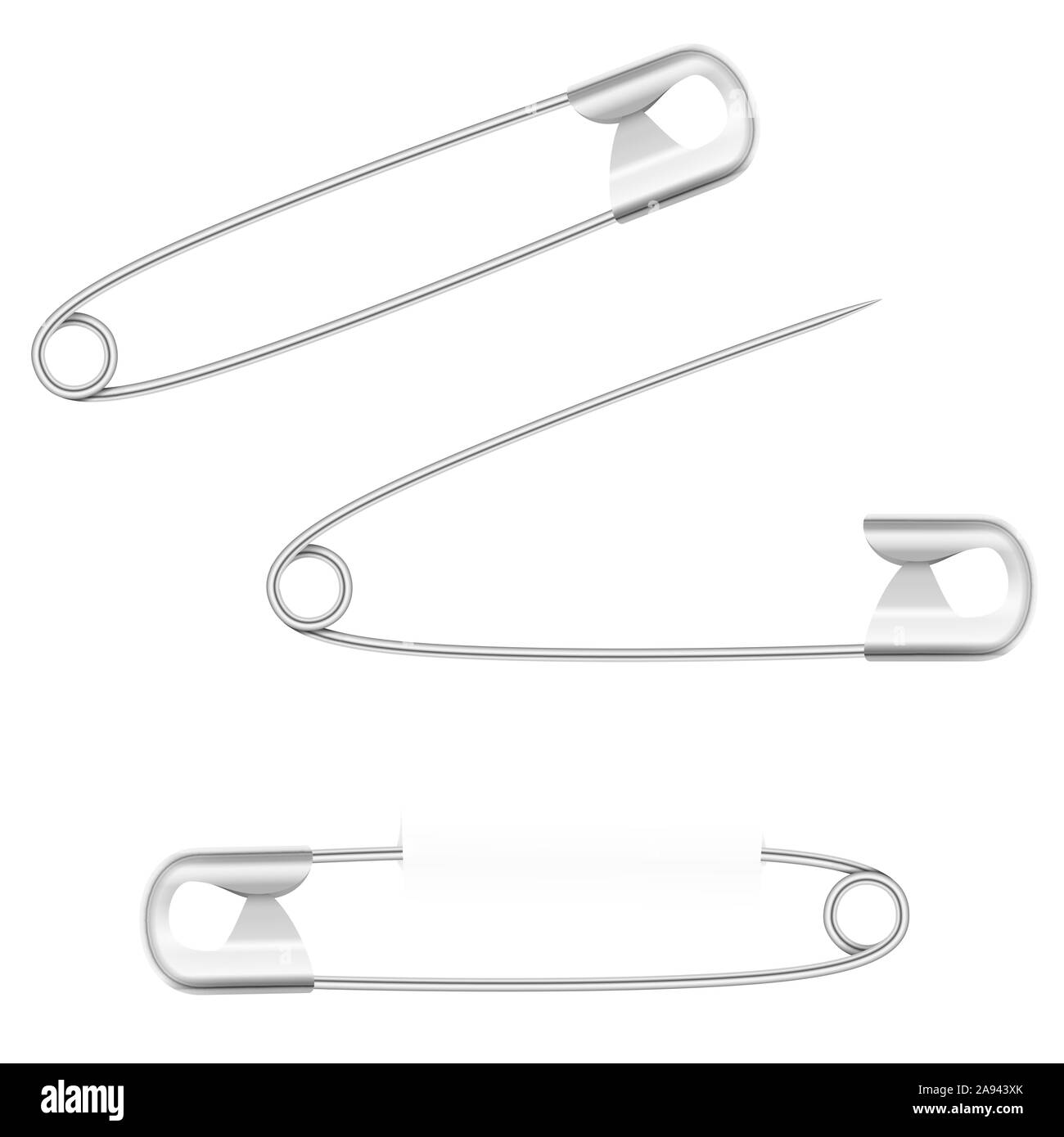 Safety pins, open, closed and pierced. Silver metallic household equipment - illustration on white background. Stock Photo