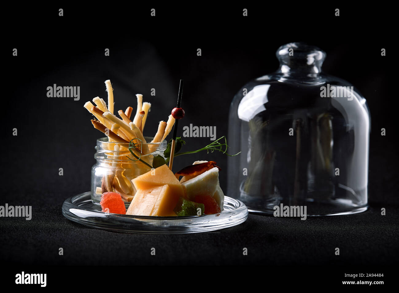 Assorted Cheeses With Berries And Marmalade Mini Serve In A Glass Flask Fusion Food Concept Low Key Copy Space Stock Photo Alamy