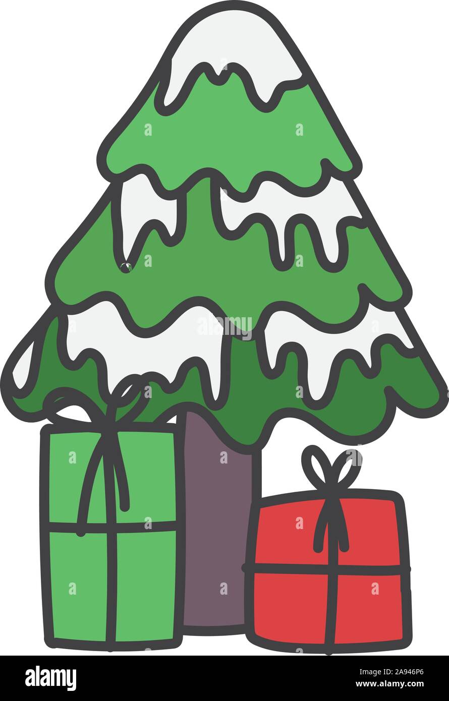 merry christmas tree with snow and gift boxes celebration vector ...