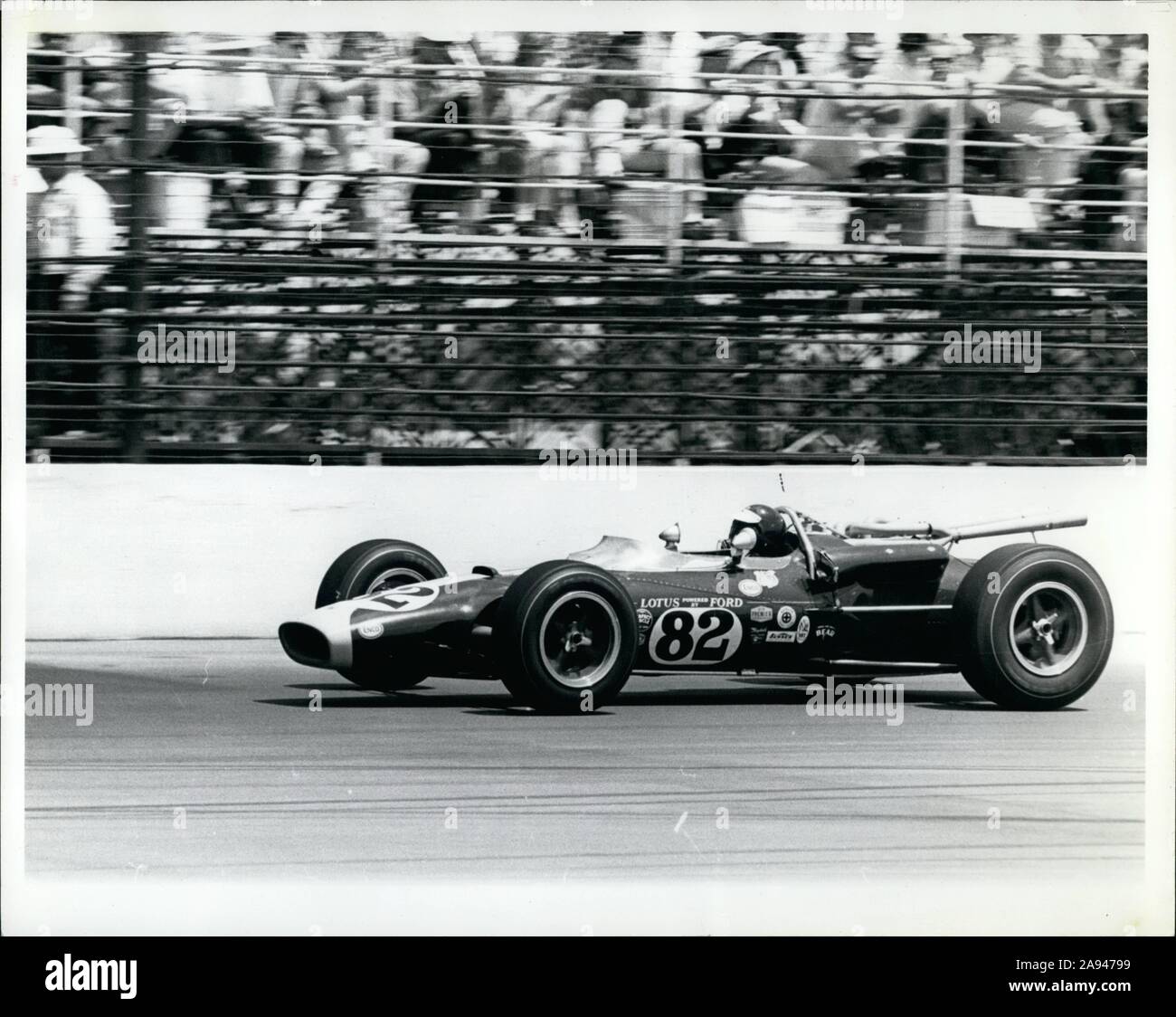 Indianapolis, Indiana, USA. 31st May, 1965. Jim Clark of Scotland heads towards finish line in his Ford powered Lotus 38, and wins 1965 Indy 500 race in Indianapolis. The 49th International 500-Mile Sweepstakes was held at the Indianapolis Motor Speedway in Speedway, Indiana. The five-year-old 'British Invasion' finally broke through as Jim Clark triumphed in dominating fashion with the first rear-engined Indy-winning car, a Lotus 38 powered by Ford. Credit: Keystone Pictures USA/ZUMAPRESS.com/Alamy Live News Stock Photo