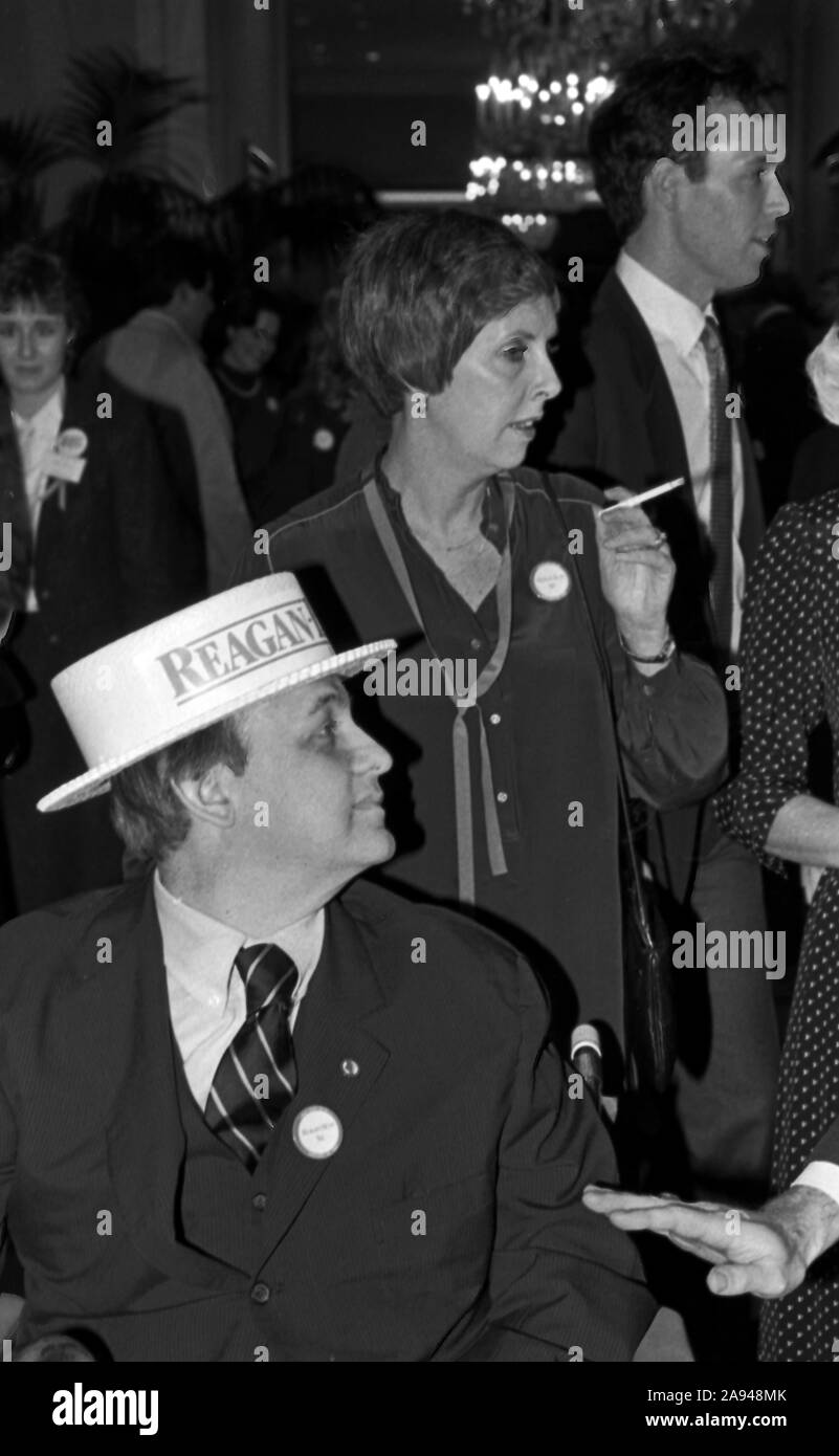 Washington DC, USA, January 29, 1984White House Press Secretary James Brady and his wife Sarah celebrate the announcement of President Ronald Reagan’s decision to run for re-election at a party by Republican supporters in the ballroom at the Mayflower Hotel Credit: Mark Reinstein / MediaPunch Stock Photo