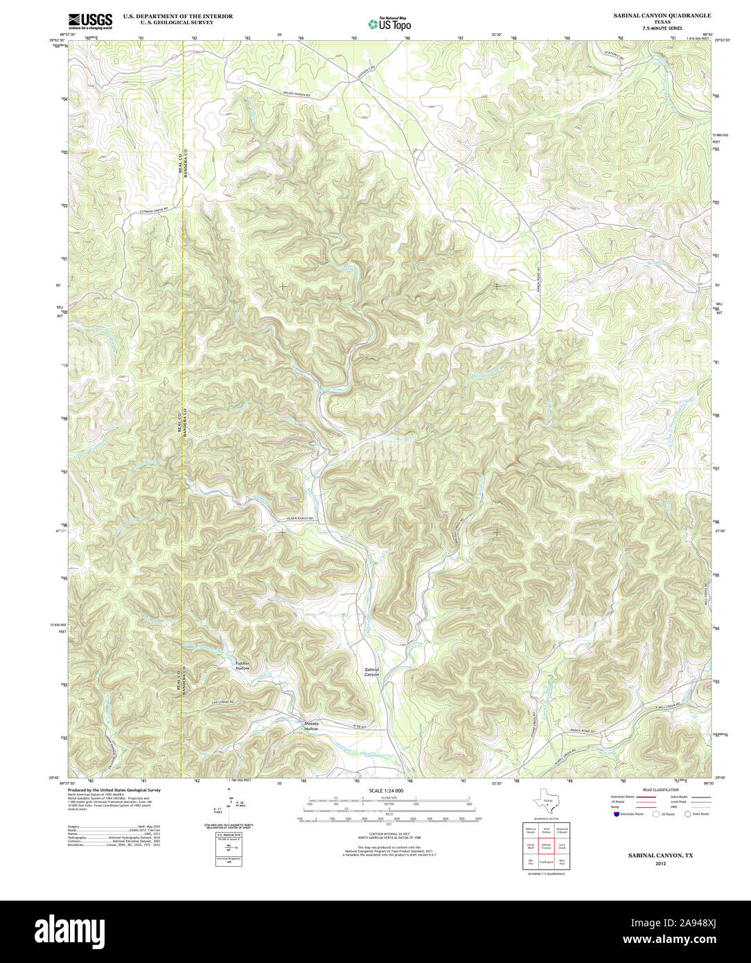 USGS TOPO Map Texas TX Sabinal Canyon 20121219 TM Restoration Stock Photo