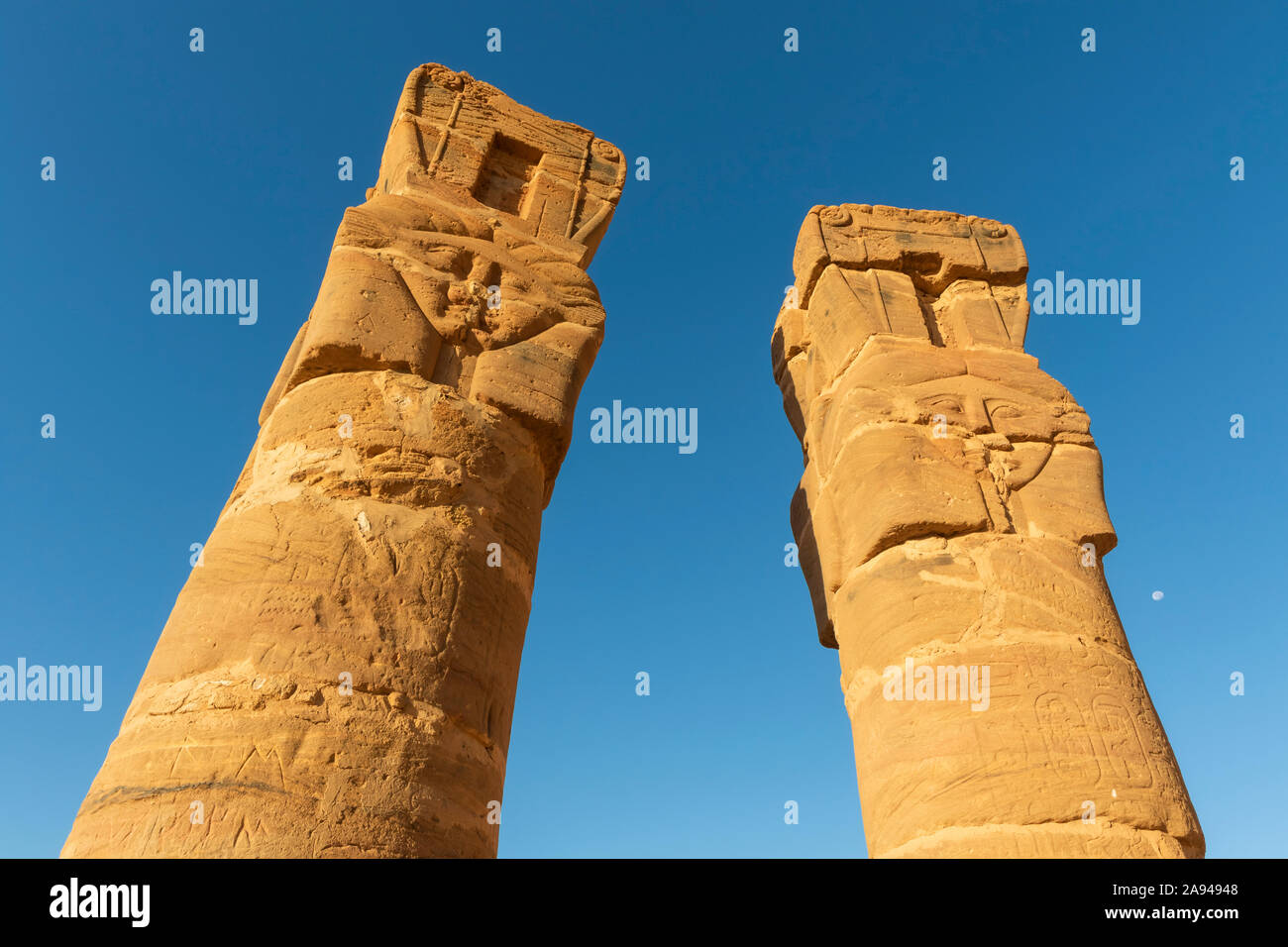 Hathor columns of the Temple of Mut (Temple B300), Mount Jebel Barkal; Karima, Northern State, Sudan Stock Photo