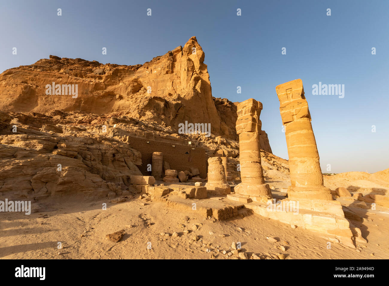 Hathor columns of the Temple of Mut (Temple B300), Mount Jebel Barkal; Karima, Northern State, Sudan Stock Photo