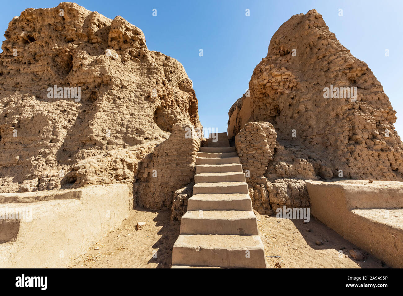 Stairs in the Western Deffufa, a mudbrick temple where ceremonies were performed on top, dating to 2400 BCE; Kerma, Northern State, Sudan Stock Photo