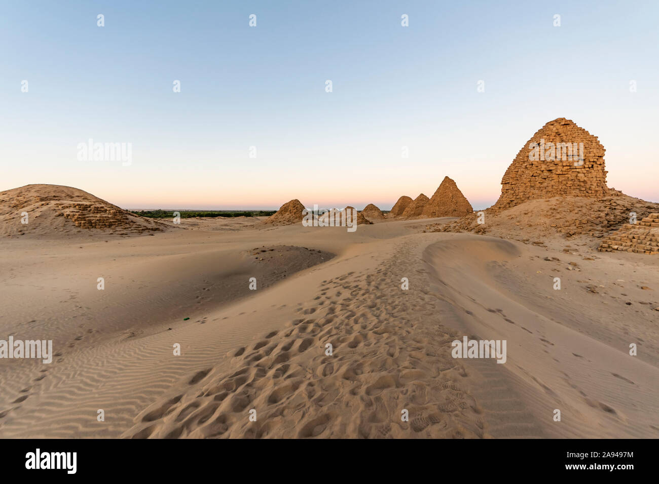 Pyramid field of Nuri at dusk; Northern State, Sudan Stock Photo