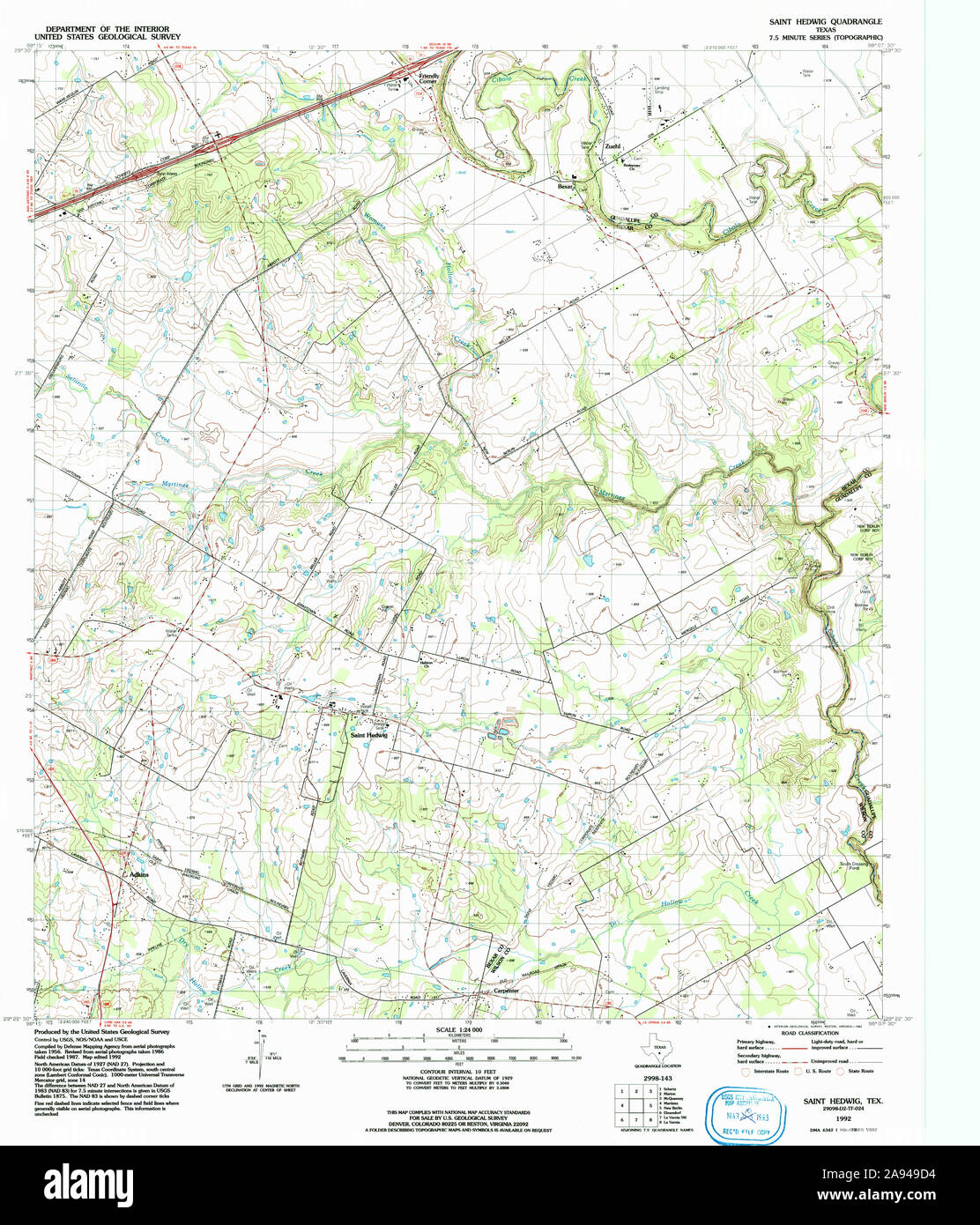 USGS TOPO Map Texas TX Saint Hedwig 117646 1992 24000 Restoration Stock Photo