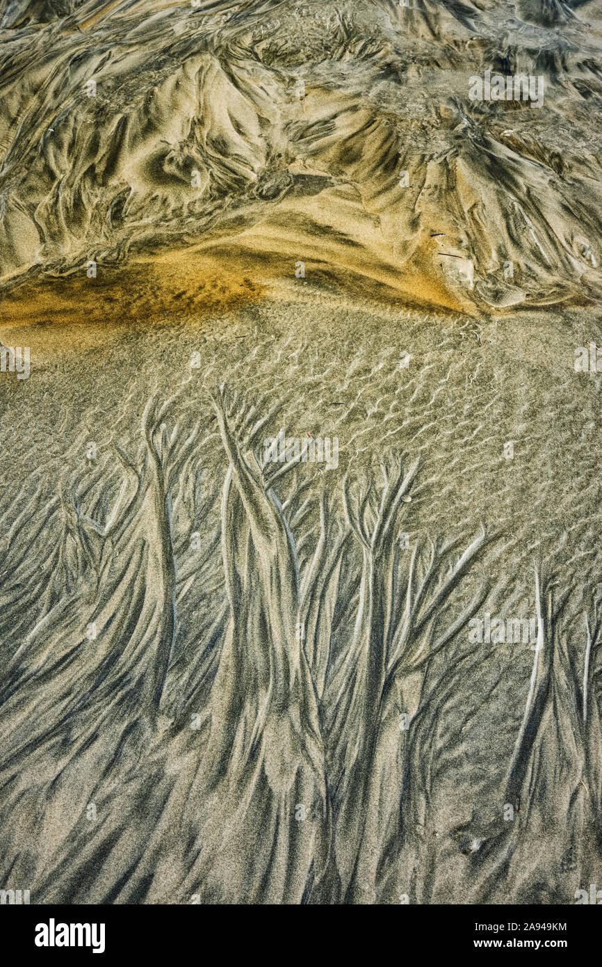 Natural patterns in the sand look like an aerial photo of a desert on the shoreline of the Pacific Ocean; Oregon, United States of America Stock Photo