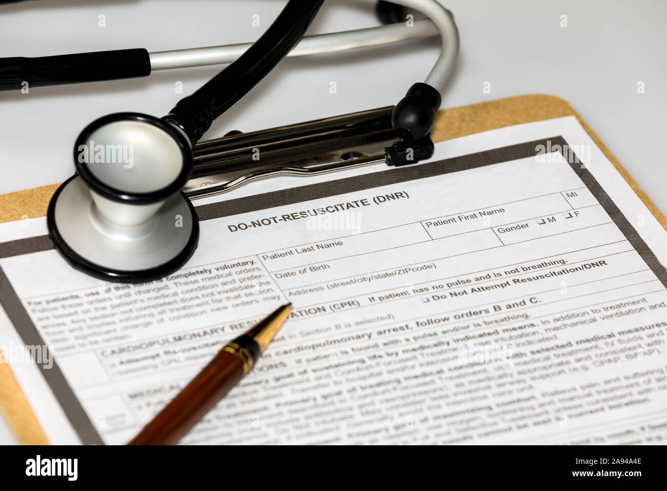 DNR, do not resuscitate, legal document with stethoscope. Healthcare