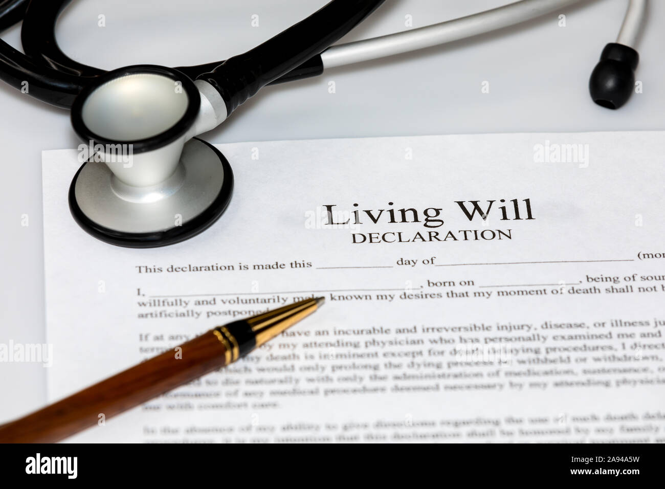Living will legal document with stethoscope. Healthcare, end of life planning and medical treatment concept Stock Photo