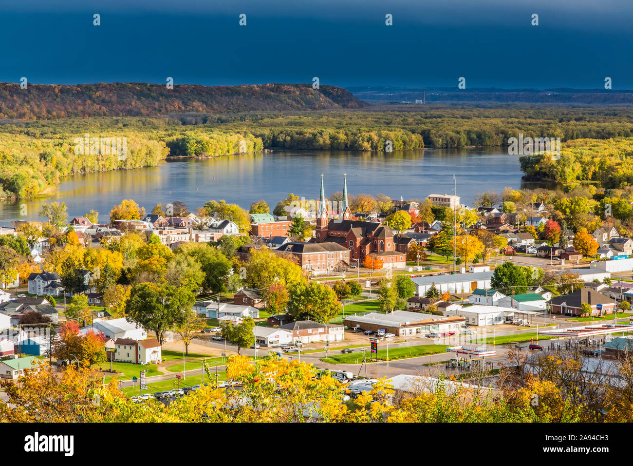 Scenic view overlooking Guttenberg, Iowa and the Mississippi River, Northeast Iowa in autumn; Guttenberg, Iowa, United States of America Stock Photo