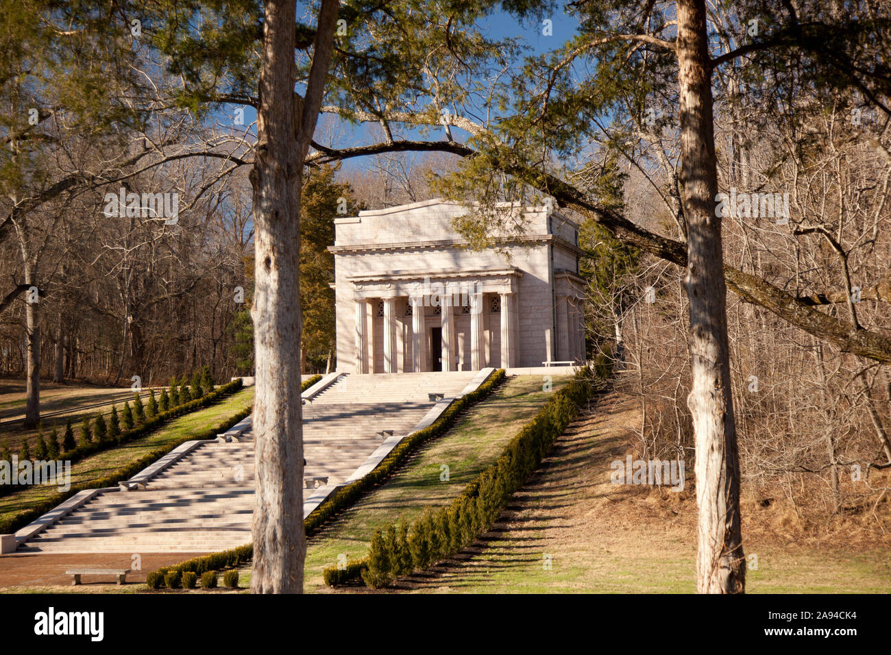 The monument building housing the Abraham Lincoln birth cabin at the