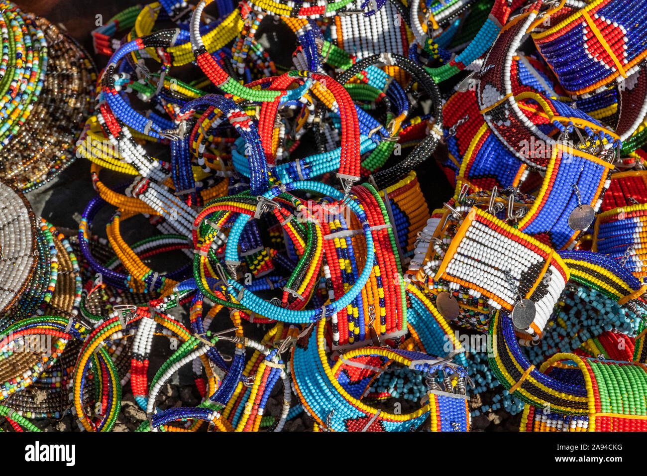 Beaded jewelry in many bright colours; Arusha, Arusha region, Tanzania Stock Photo