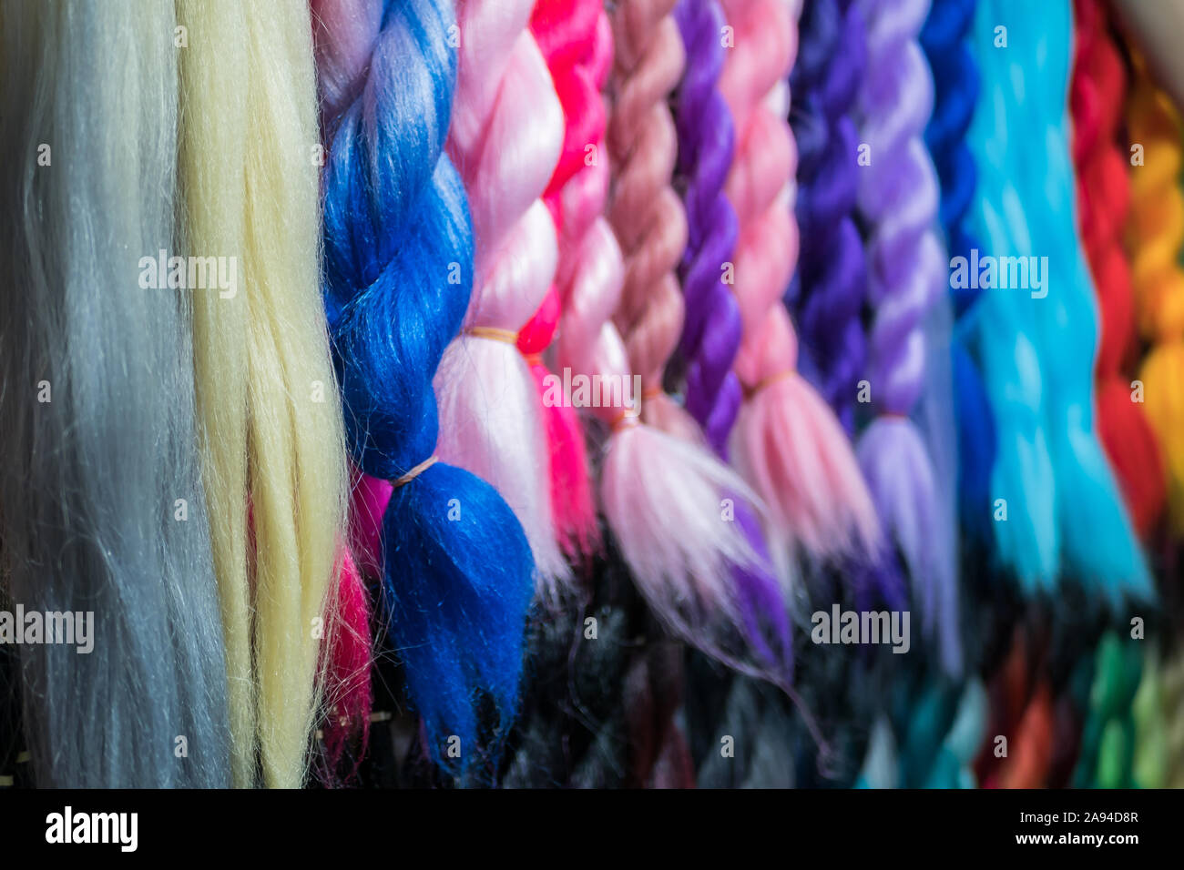 Close-up view of the colorful artificial braiding hairs Stock Photo