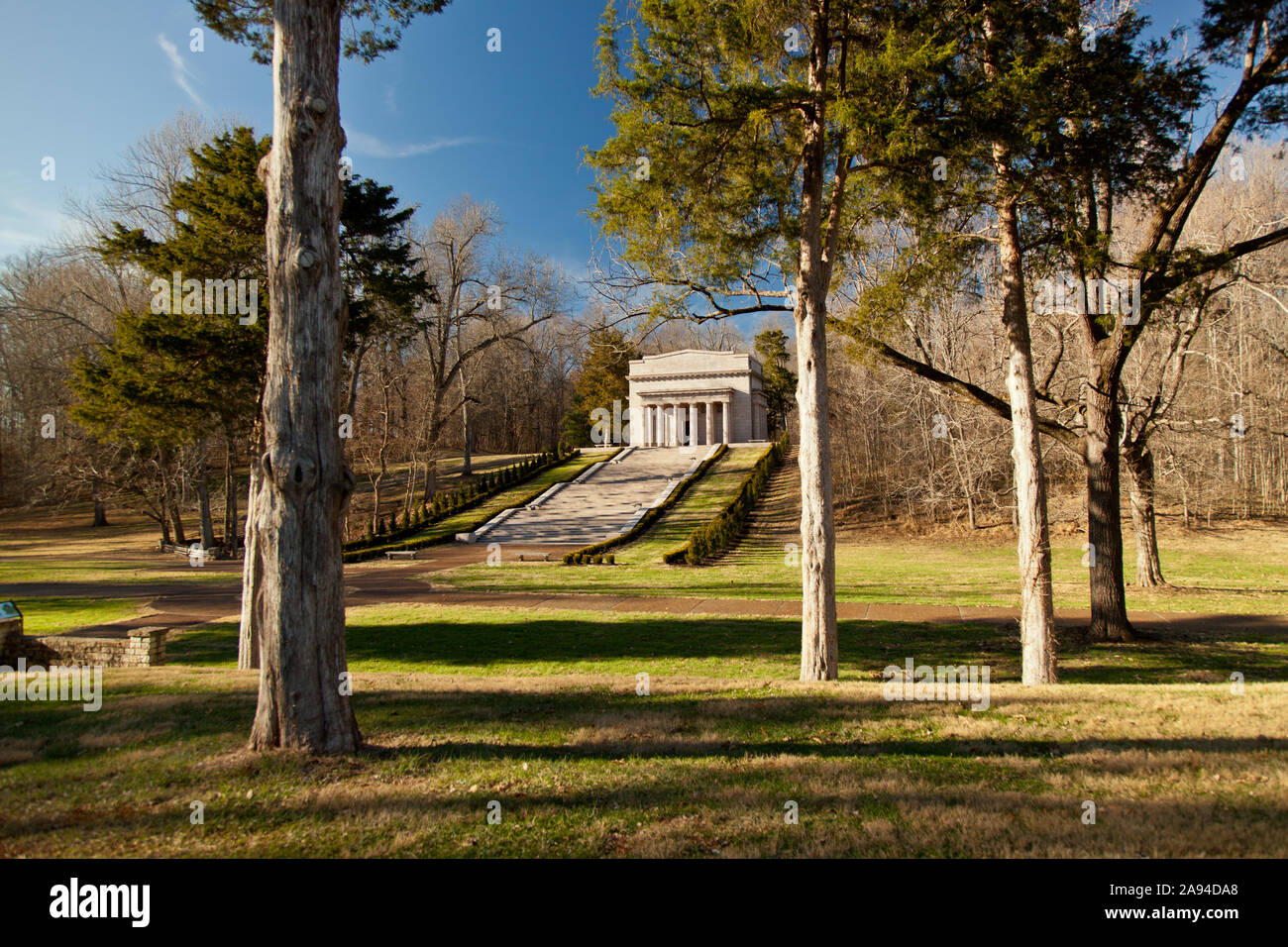 The monument building housing the Abraham Lincoln birth cabin at the
