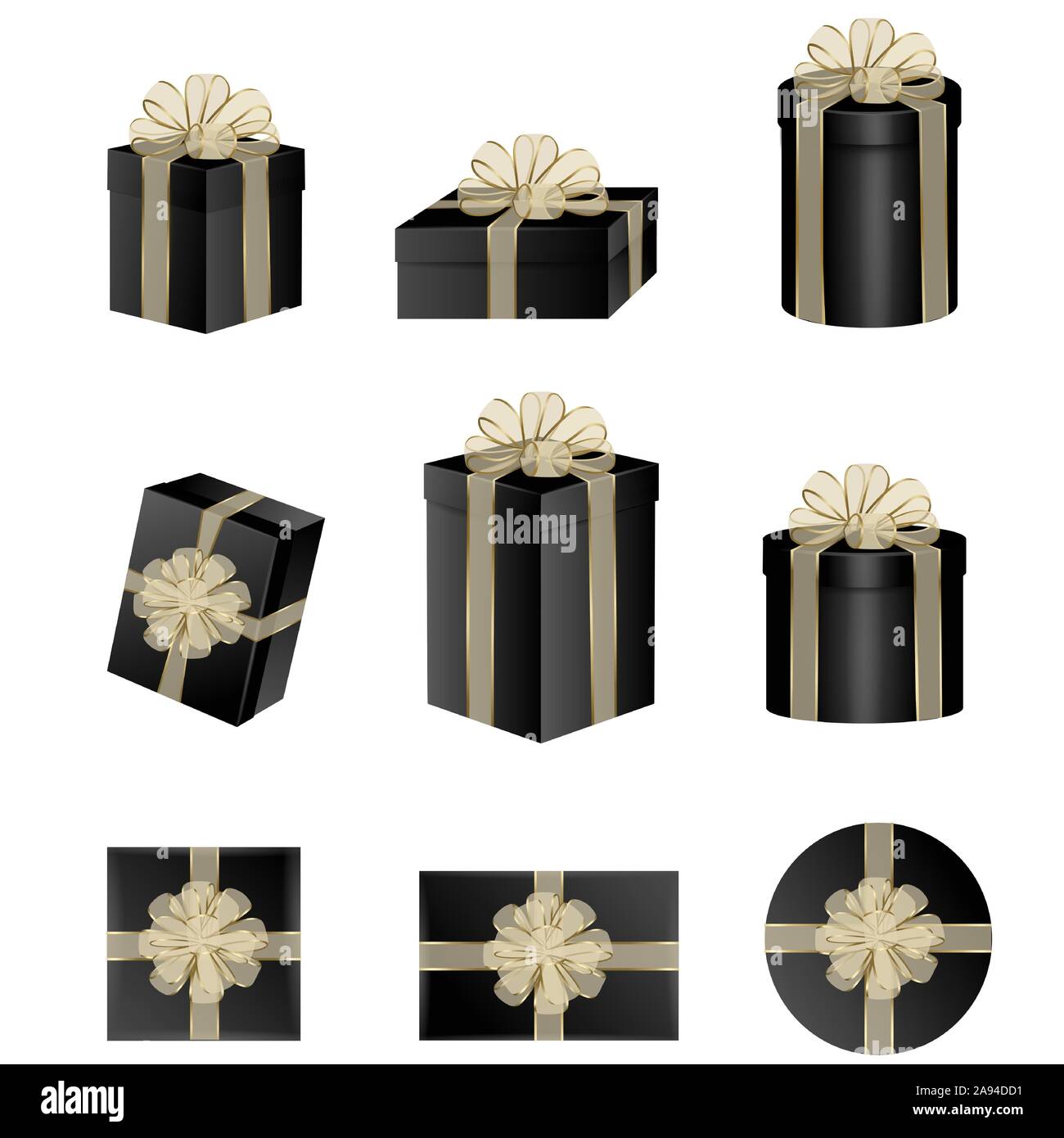 set black gift boxes with gold transparent bow and ribbon Stock Vector