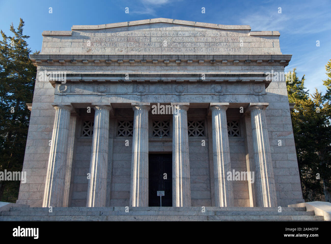 The monument building housing the Abraham Lincoln birth cabin at the