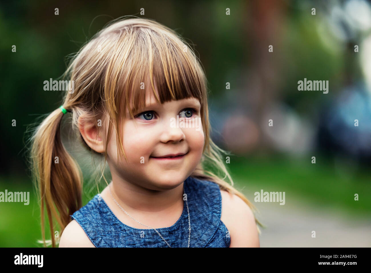 Portrait of a cute young girl with blond hair in pigtails; Edmonton, Alberta, Canada Stock Photo