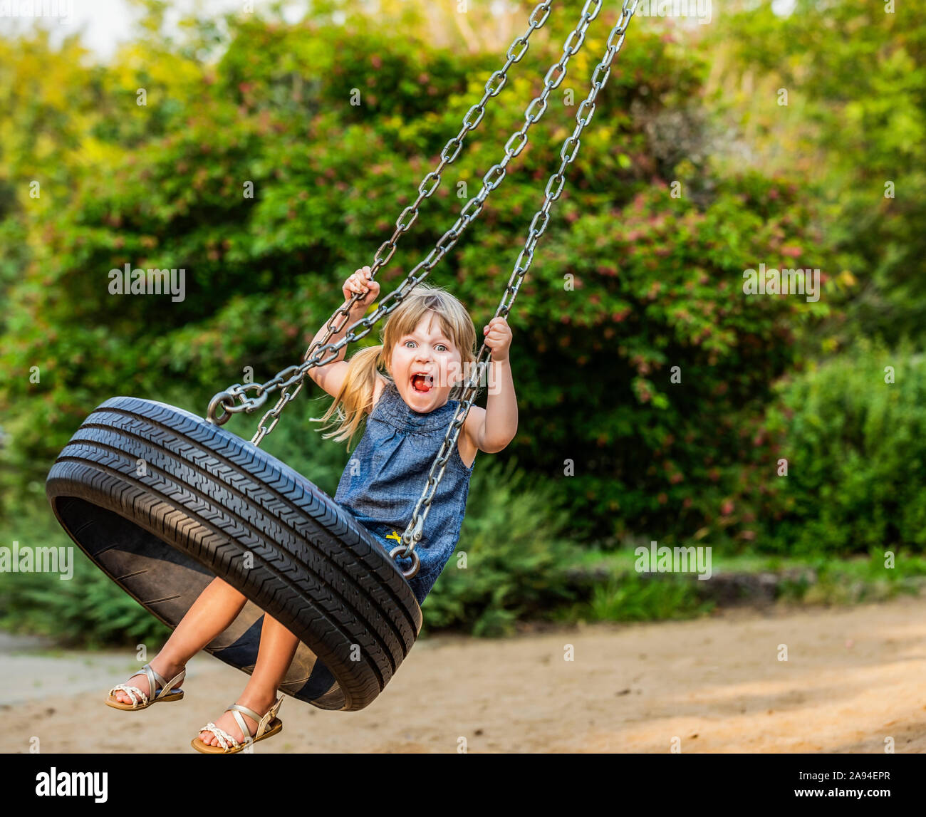 A young girl makes a silly face as she swings on a tire swing; Edmonton, Alberta, Canada Stock Photo