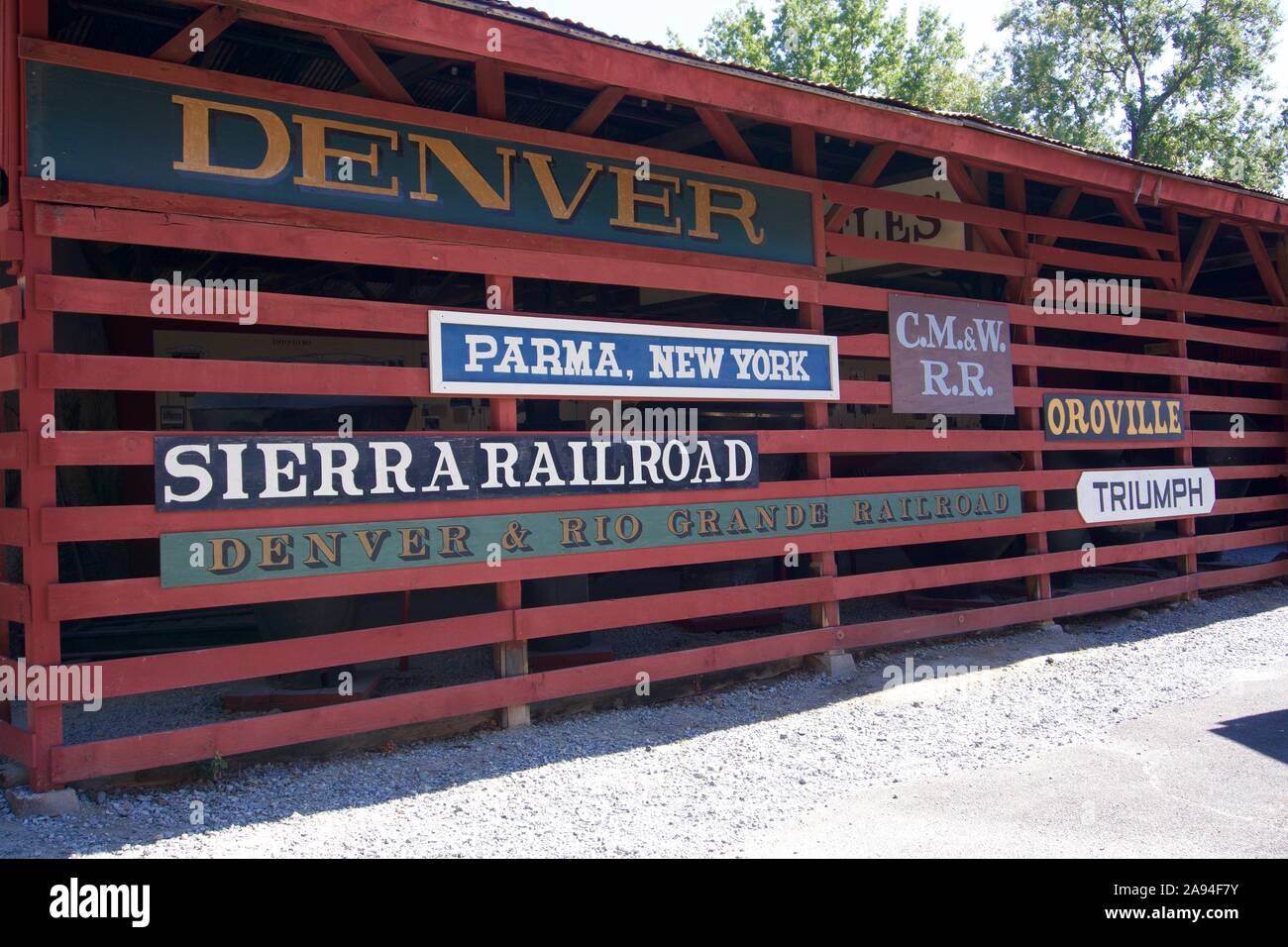 Signs that show train destinations of the Sierra Railway historic steam train. Railtown 1897 California State Historic Park, Jamestown, California. Stock Photo