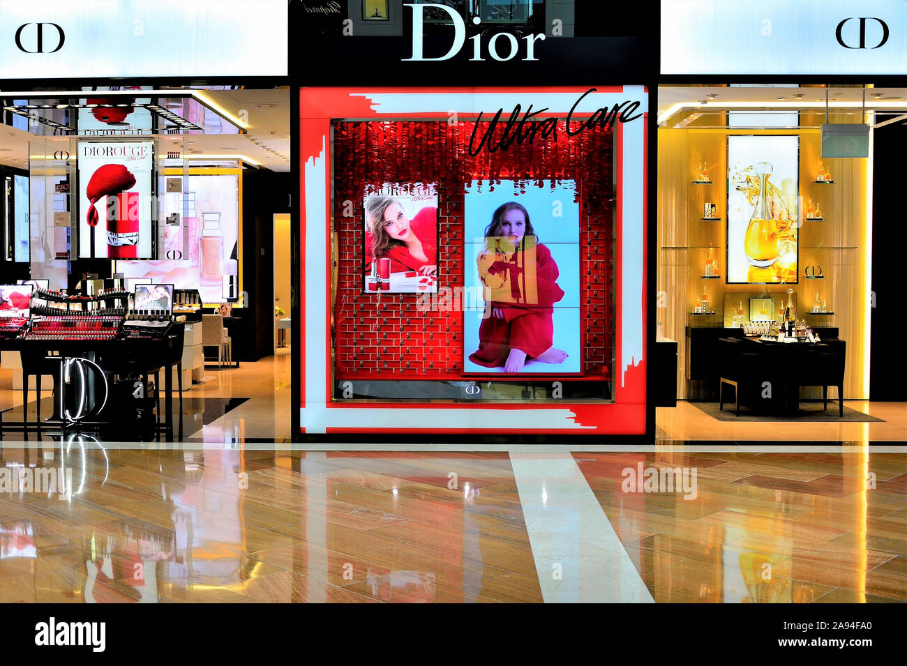 Singapore - September 17 2019: Front view of Dior boutique with window displays and signage at Marina Bay Sands shopping centre, Singapore Stock Photo