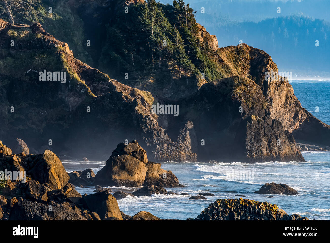 Steep cliffs and dense forest characterize the Oregon Coast at Ecola State Park; Cannon Beach, Oregon, United States of America Stock Photo