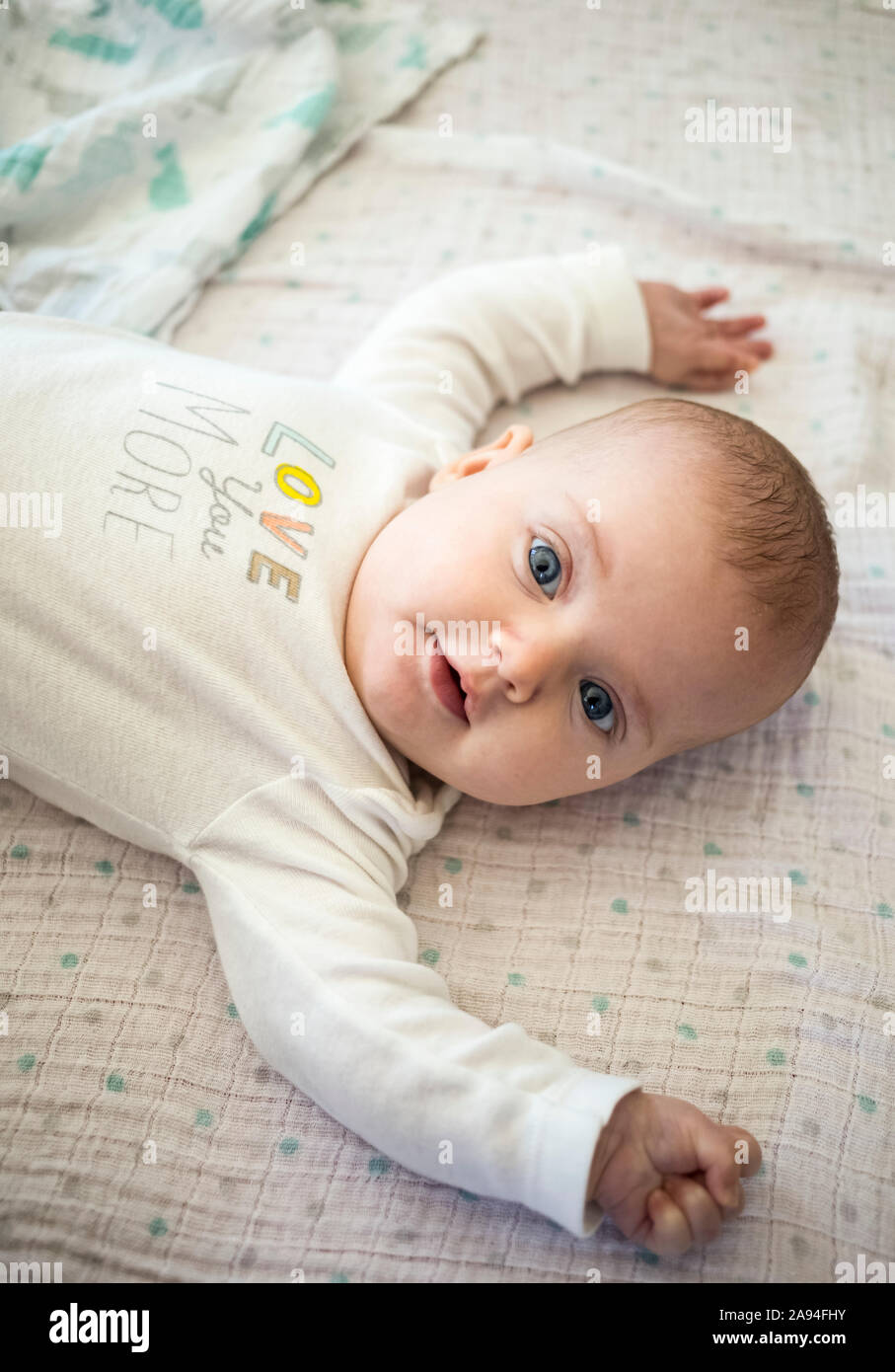 Portrait of a baby girl laying on her back and looking up at the camera; Vancouver, British