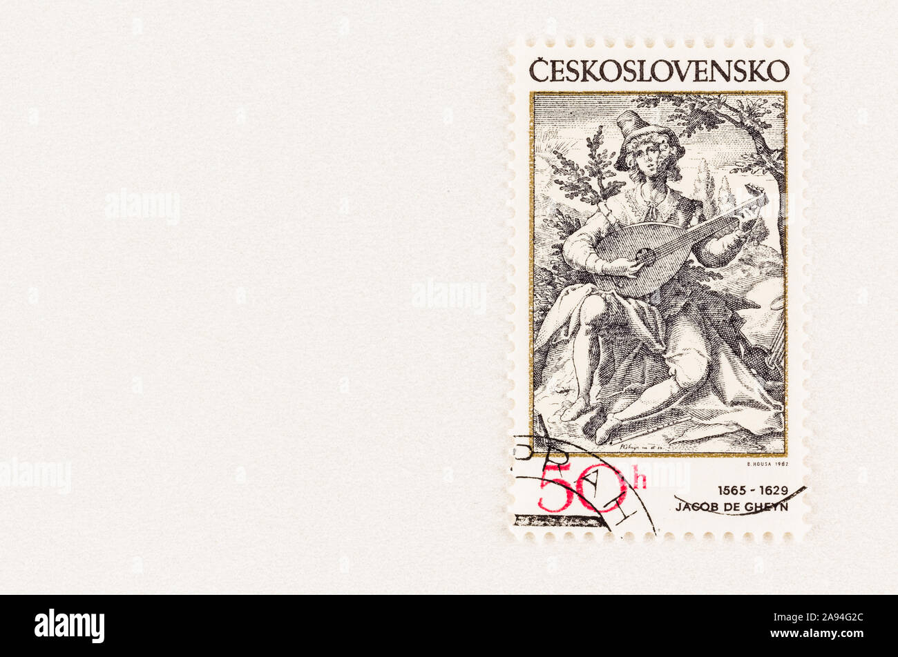 SEATTLE WASHINGTON - October 5, 2019: Czechoslovakia stamp featuring engraving of The Lute Player by Jacob de Gheyn, with copy space, issued in 1982. Stock Photo