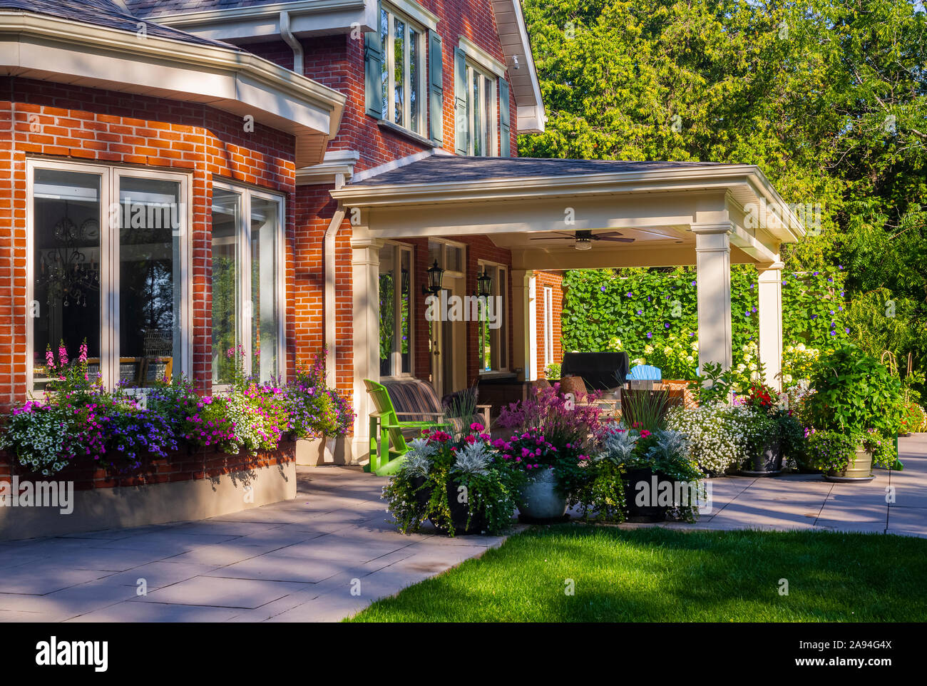 Blossoming flowers in pots in a residential backyard with patio