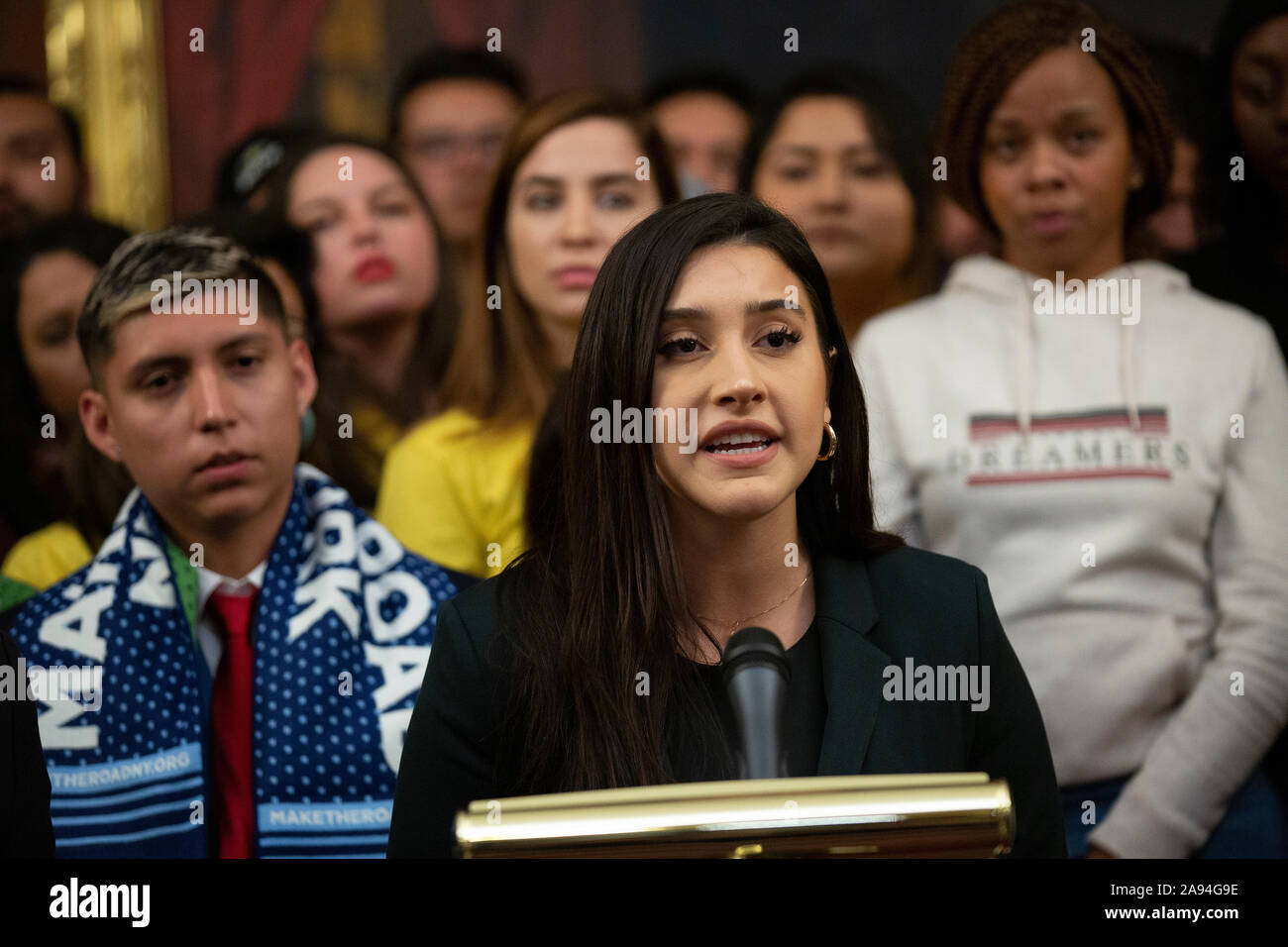 A DACA recipient, joined by Democratic lawmakers, speaks during a press conference on the Deferred Action for Childhood Arrivals program on Capitol Hill in Washington, DC, U.S. on Tuesday, November 12, 2019. The Supreme Court is currently hearing a case that will determine the legality and future of the DACA program. Credit: Stefani Reynolds/CNP | usage worldwide Stock Photo