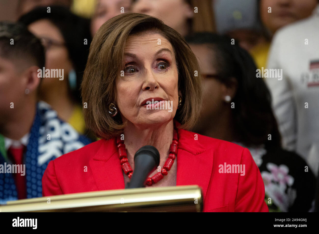 Speaker of the United States House of Representatives Nancy Pelosi (Democrat of California), joined by other Democratic lawmakers, speaks during a press conference on the Deferred Action for Childhood Arrivals program on Capitol Hill in Washington, DC, U.S. on Tuesday, November 12, 2019. The Supreme Court is currently hearing a case that will determine the legality and future of the DACA program. Credit: Stefani Reynolds/CNP /MediaPunch Stock Photo