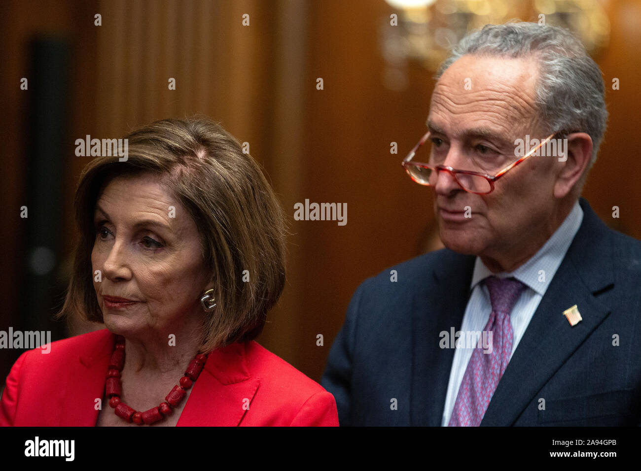 Speaker of the United States House of Representatives Nancy Pelosi (Democrat of California) and United States Senate Minority Leader Chuck Schumer (Democrat of New York) attend a press conference on the Deferred Action for Childhood Arrivals program on Capitol Hill in Washington, DC, U.S. on Tuesday, November 12, 2019. The Supreme Court is currently hearing a case that will determine the legality and future of the DACA program. Credit: Stefani Reynolds/CNP /MediaPunch Stock Photo