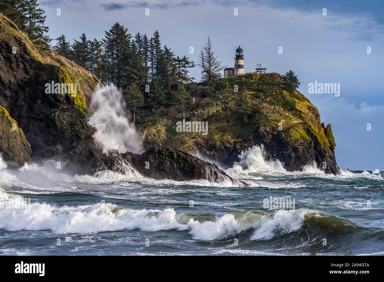 The Cape Disappointment Lighthouse guards the mouth of the Columbia River on the Washington Coast; Ilwaco, Washington, United States of America Stock Photo