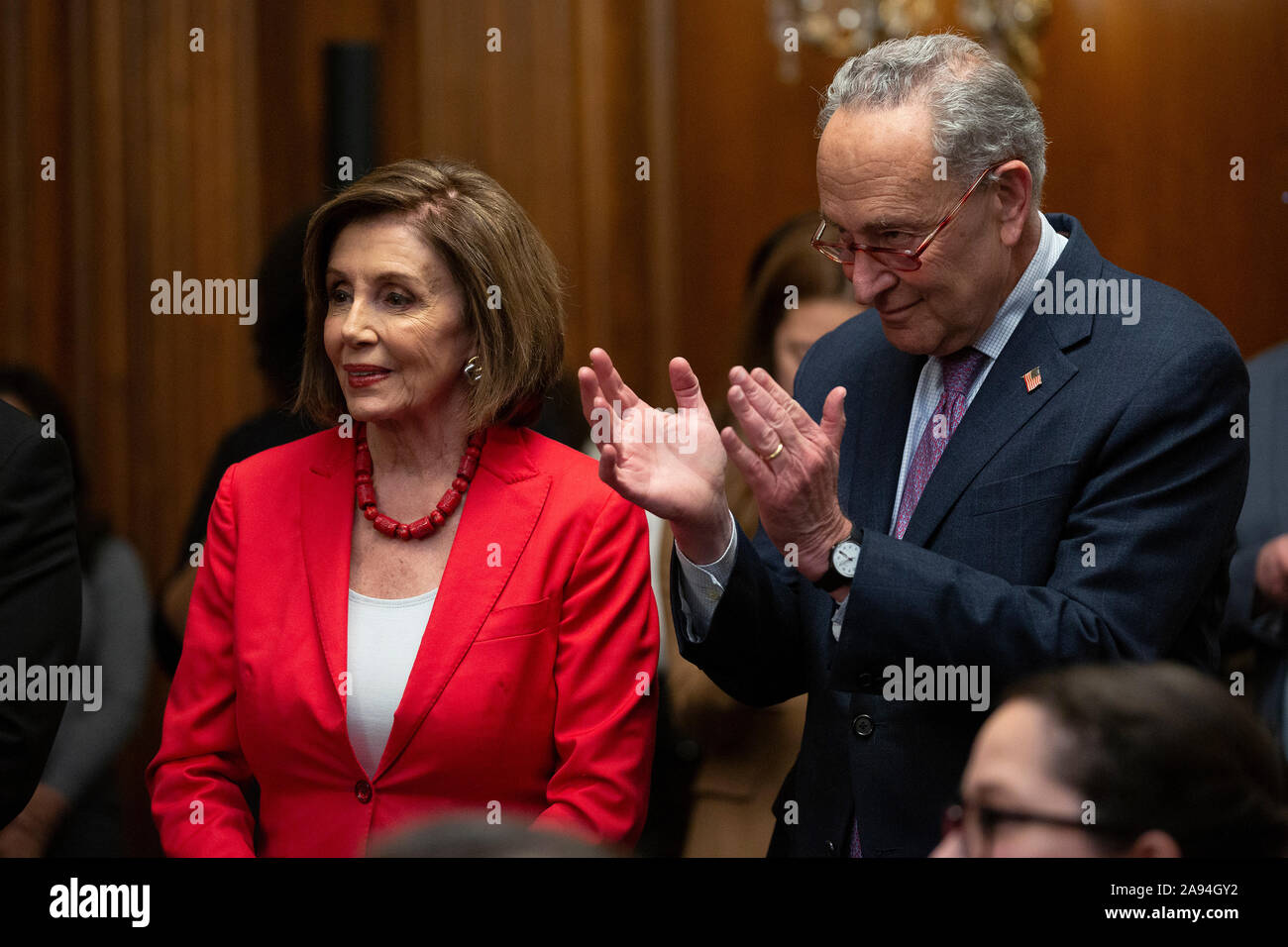 Speaker of the United States House of Representatives Nancy Pelosi (Democrat of California) and United States Senate Minority Leader Chuck Schumer (Democrat of New York), joined by other Democratic lawmakers, attend a press conference on the Deferred Action for Childhood Arrivals program on Capitol Hill in Washington, DC, U.S. on Tuesday, November 12, 2019. The Supreme Court is currently hearing a case that will determine the legality and future of the DACA program. Credit: Stefani Reynolds/CNP /MediaPunch Stock Photo