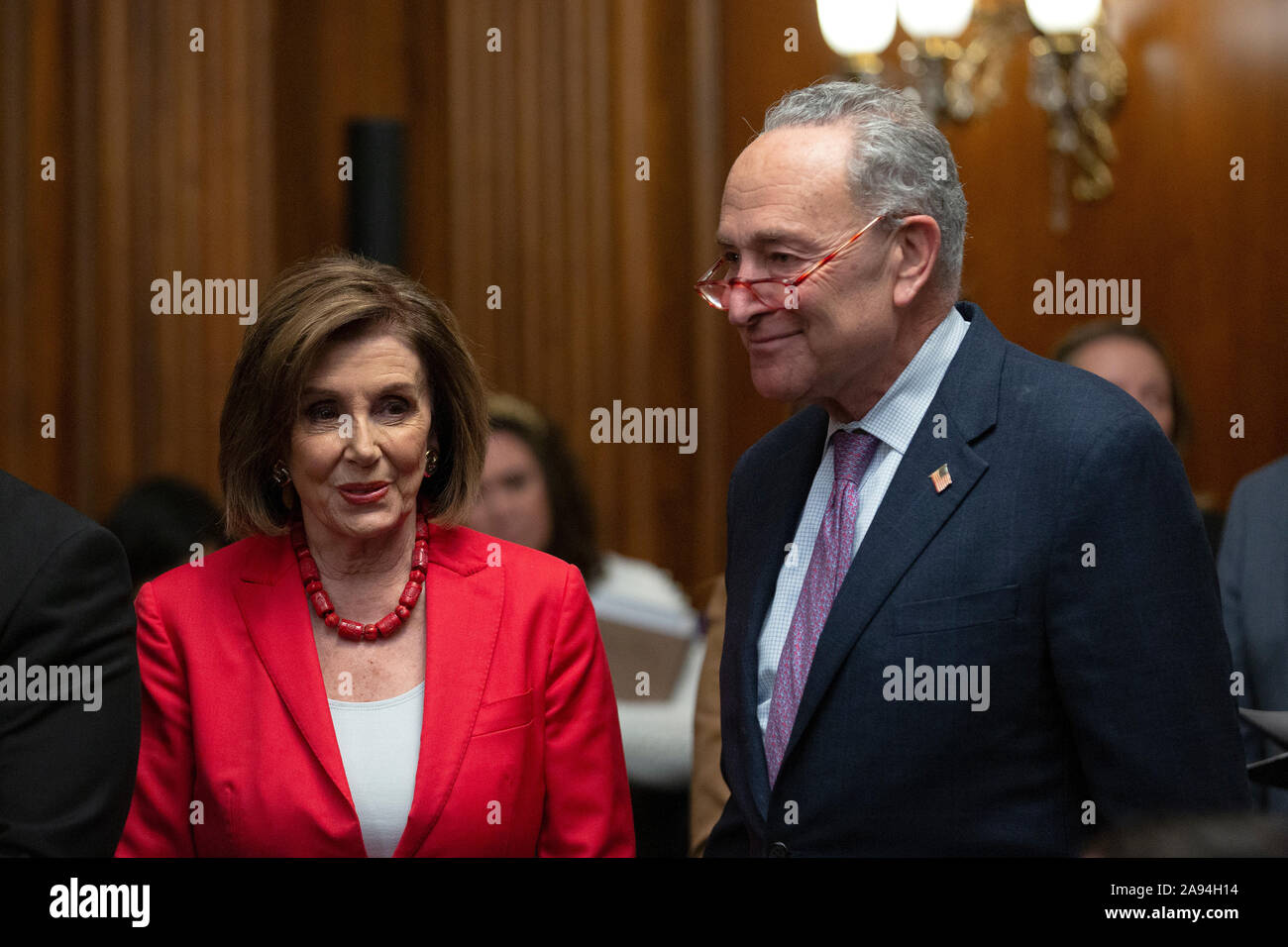 Speaker of the United States House of Representatives Nancy Pelosi (Democrat of California) and United States Senate Minority Leader Chuck Schumer (Democrat of New York), joined by other Democratic lawmakers, attend a press conference on the Deferred Action for Childhood Arrivals program on Capitol Hill in Washington, DC, U.S. on Tuesday, November 12, 2019. The Supreme Court is currently hearing a case that will determine the legality and future of the DACA program. Credit: Stefani Reynolds/CNP /MediaPunch Stock Photo