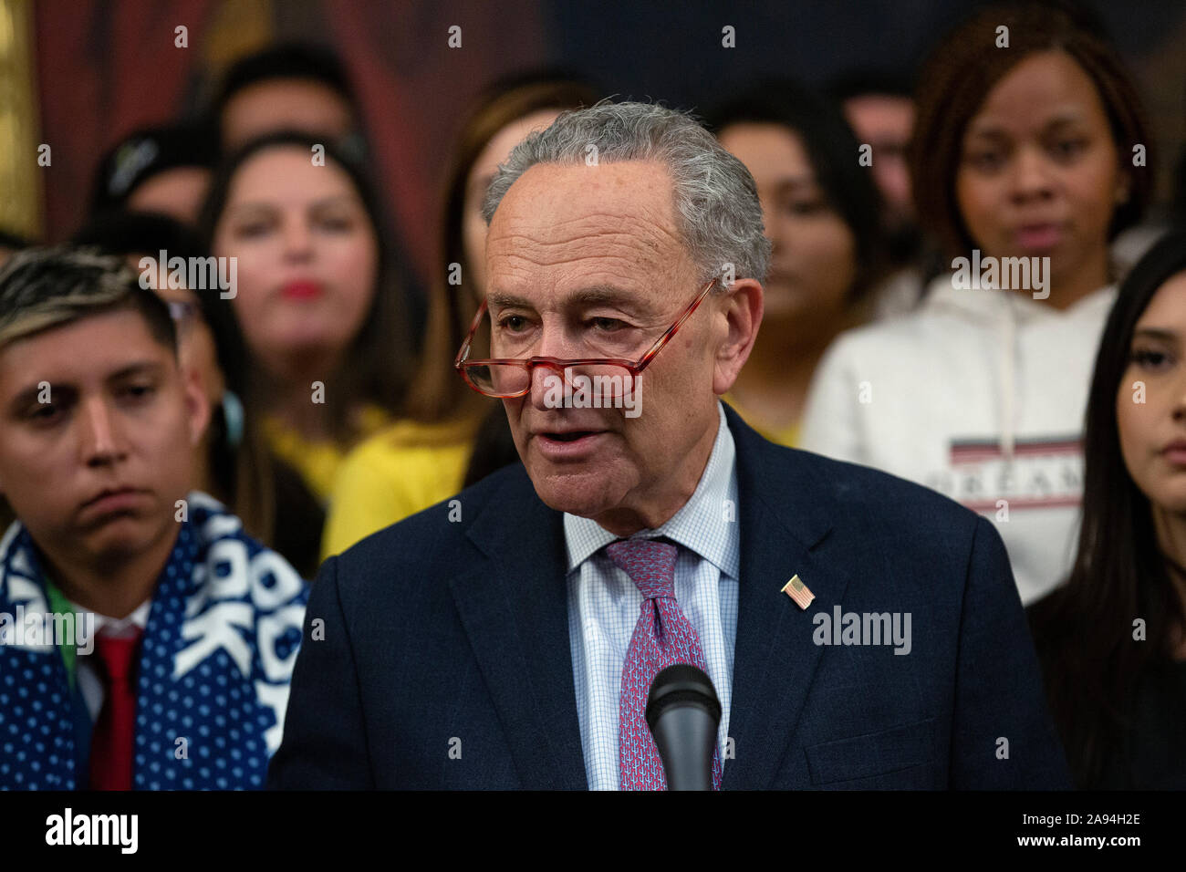 United States Senate Minority Leader Chuck Schumer (Democrat of New York), joined by other Democratic lawmakers, speaks during a press conference on the Deferred Action for Childhood Arrivals program on Capitol Hill in Washington, DC, U.S. on Tuesday, November 12, 2019. The Supreme Court is currently hearing a case that will determine the legality and future of the DACA program. Credit: Stefani Reynolds/CNP /MediaPunch Stock Photo