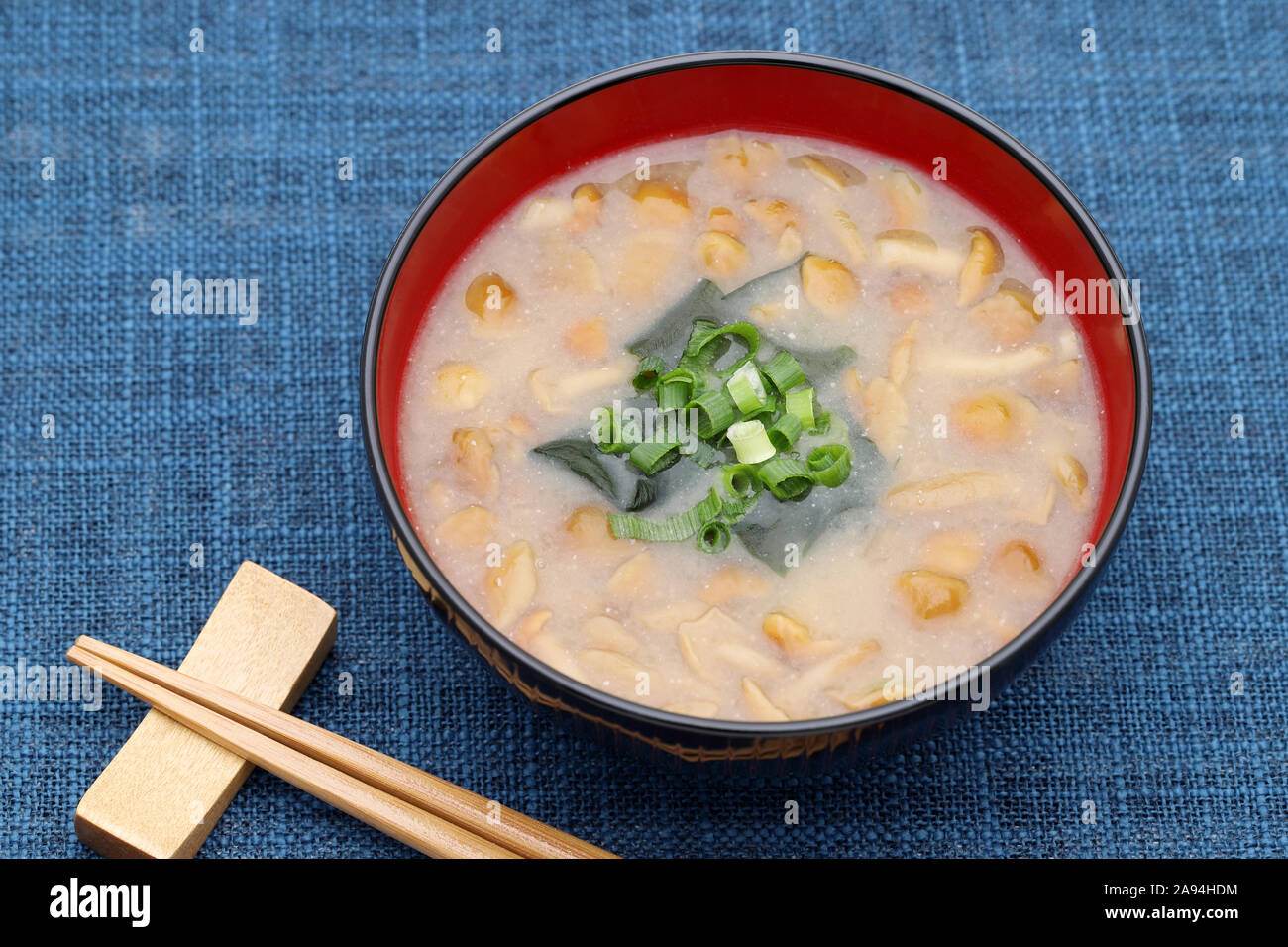 Japanese food, Miso soup of nameko mushroom and wakame on a bowl Stock Photo
