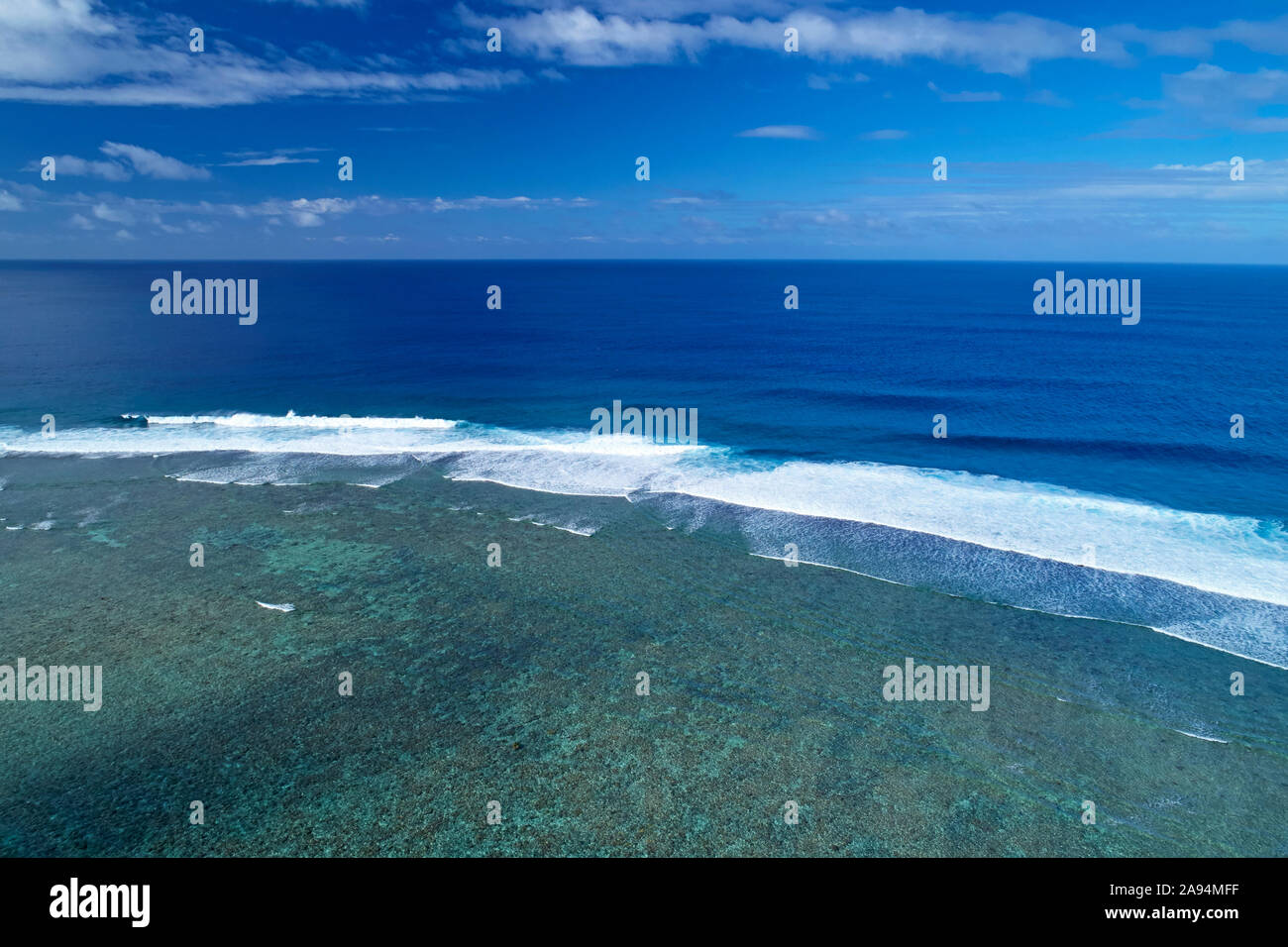 Reef by Aroa Beach, Rarotonga, Cook Islands, South Pacific - drone aerial Stock Photo
