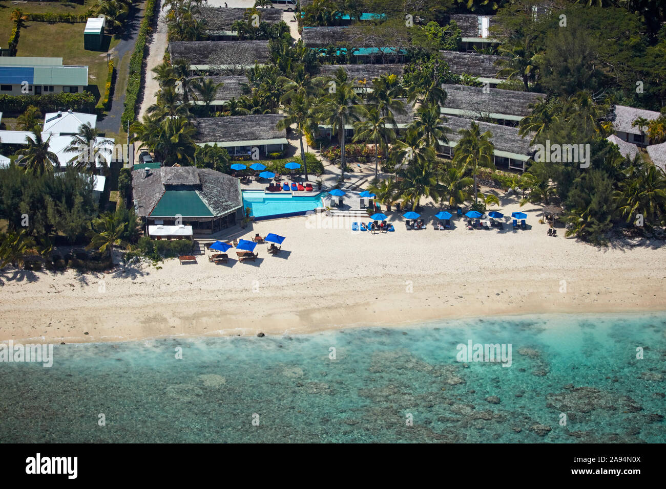 On the Beach Bar and Restaurant, Manuia Beach Resort, Rarotonga, Cook Islands, South Pacific - aerial Stock Photo