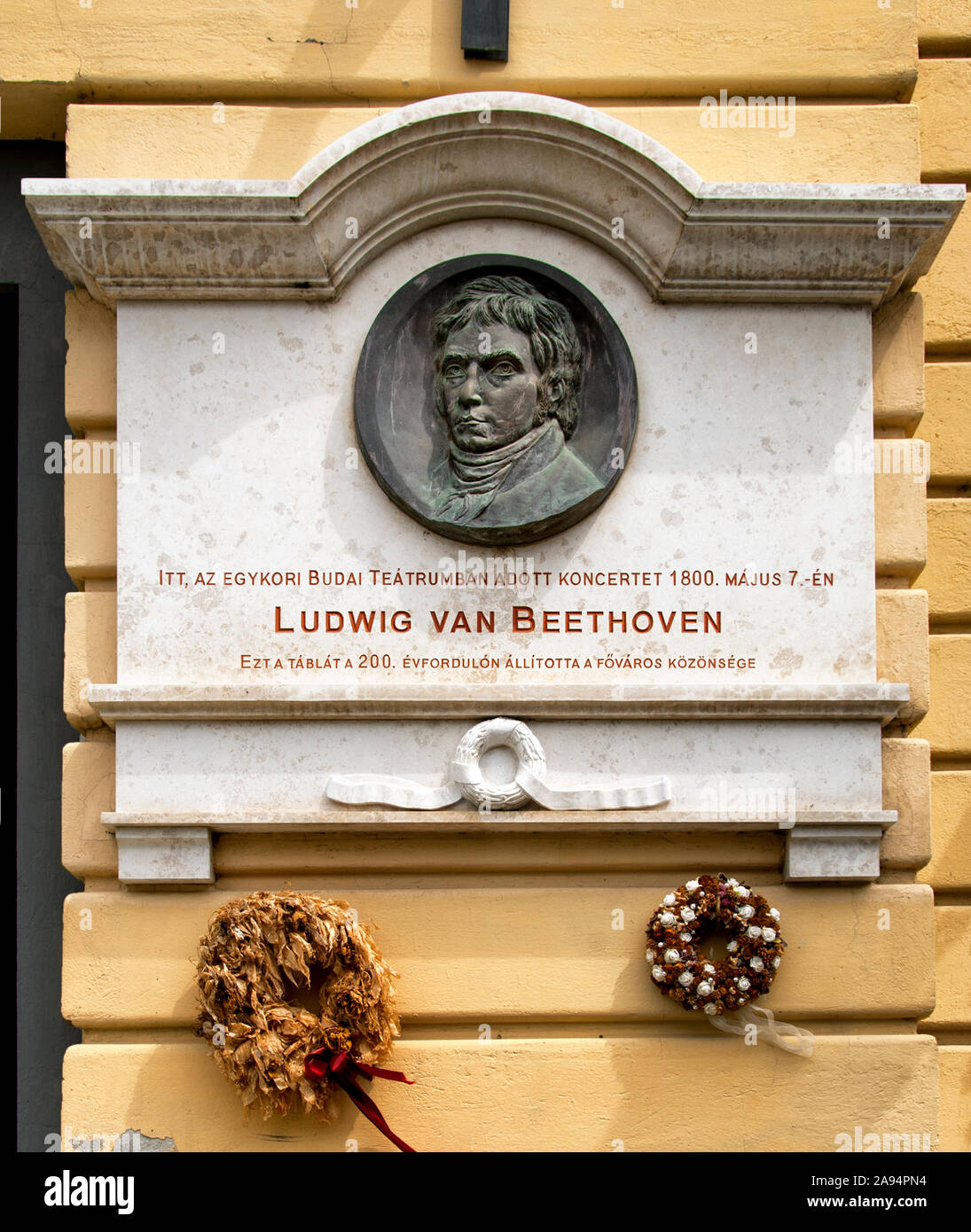 Plaque commemorating  a concert by Ludwig van Beethoven in Budapest, Hungary. Photograph clearly shows details of the Beethoven portrait. Stock Photo