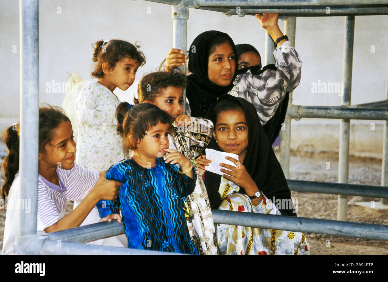 Omani girls gather at a village water tank in the Musandam Peninsula, an Omani enclave in eastern Arabia Stock Photo