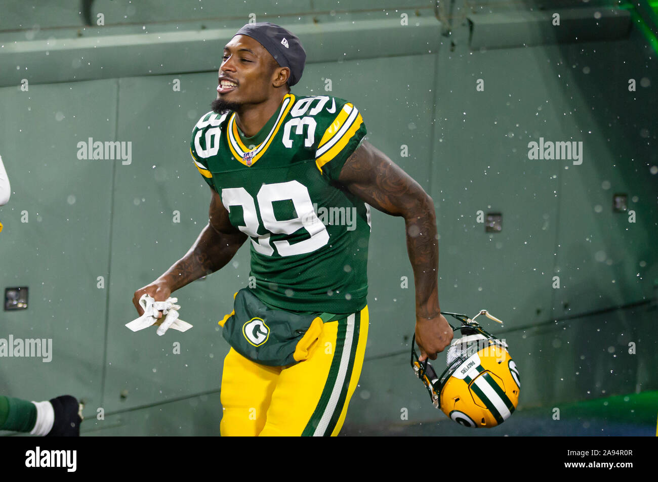 Green Bay, WI, USA. 10th Nov, 2019. Green Bay Packers defensive back  Chandon Sullivan #39 runs out of the tunnel during the NFL Football game  between the Carolina Panthers and the Green