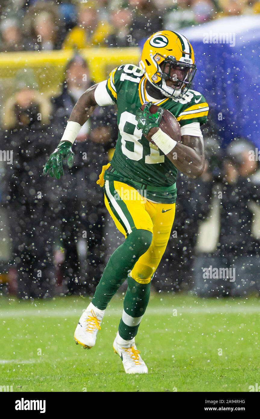 Green Bay, WI, USA. 10th Nov, 2019. Green Bay Packers wide receiver Geronimo  Allison #81 runs after the catch during the NFL Football game between the  Carolina Panthers and the Green Bay