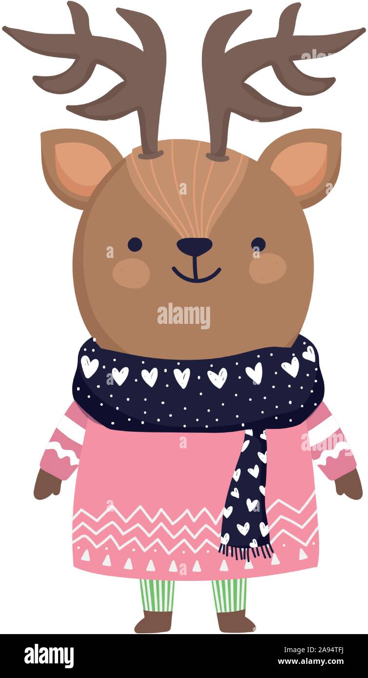 merry christmas celebration cute deer with sweater and scarf vector ...